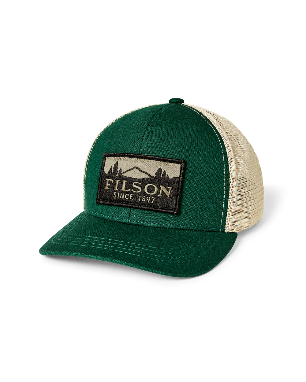 Front-facing image of the Filson Scenic Logger Mesh Cap - Pine / Brown