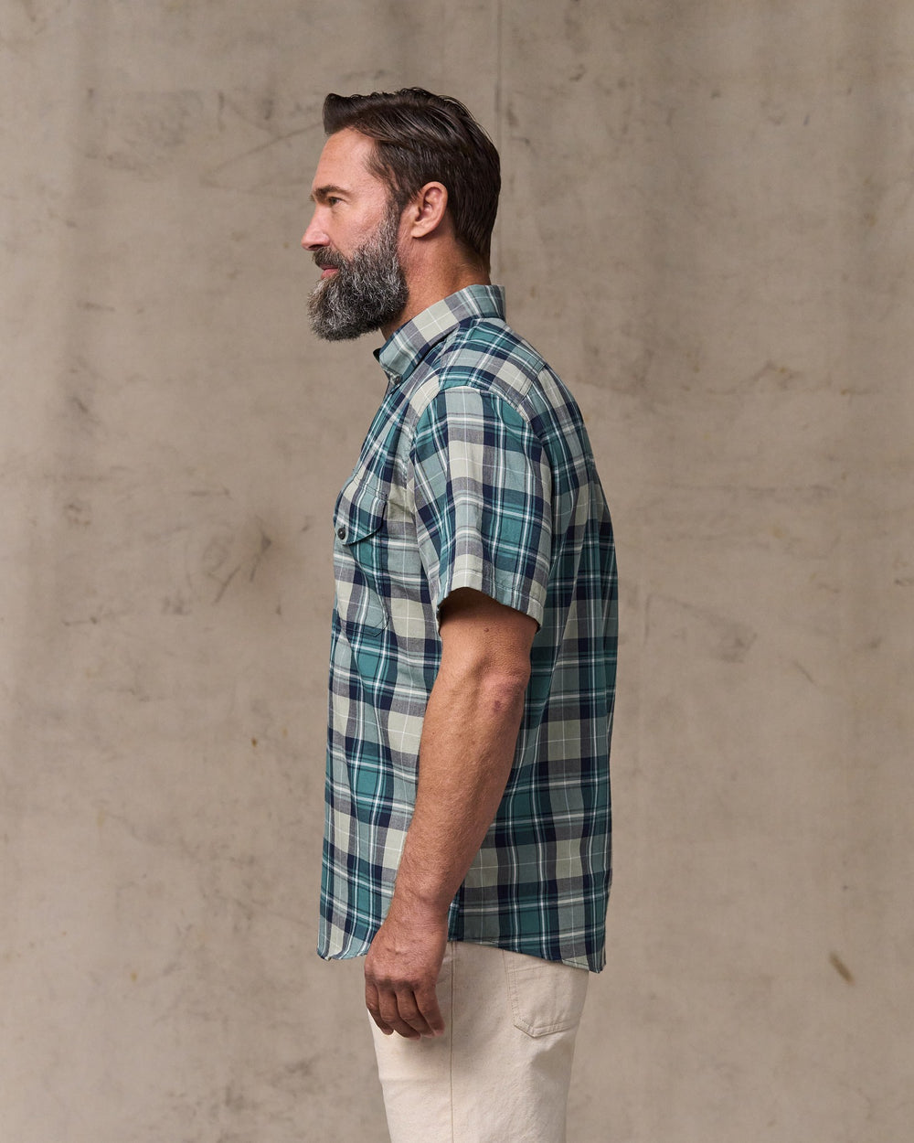 Short Sleeve Madras Popover Shirt - Gray / Teal Multicolor