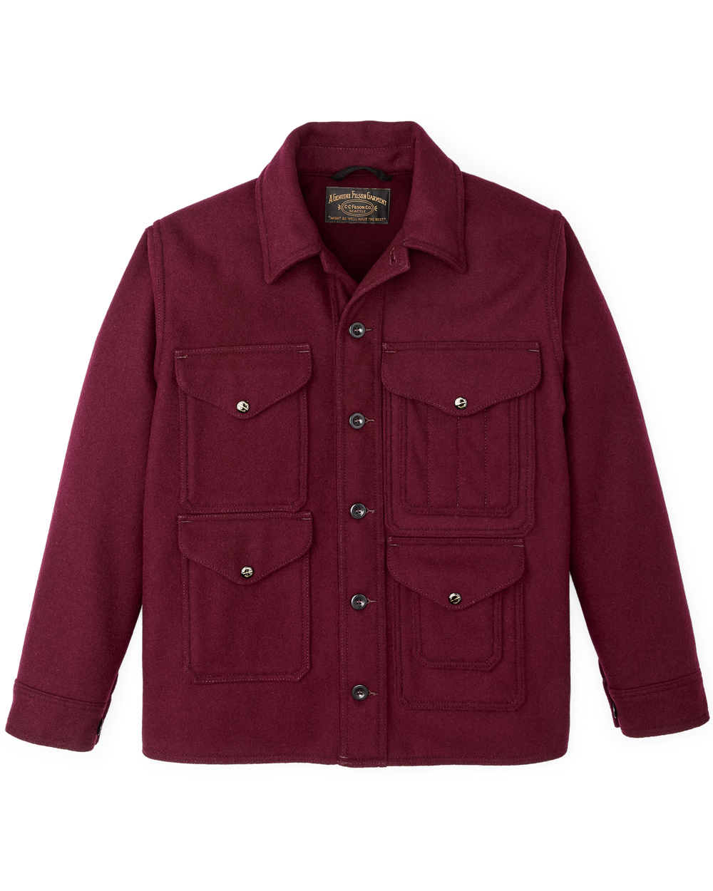 Front-facing image of the Filson 1940s Mackinaw Wool Cruiser Jacket - Wine