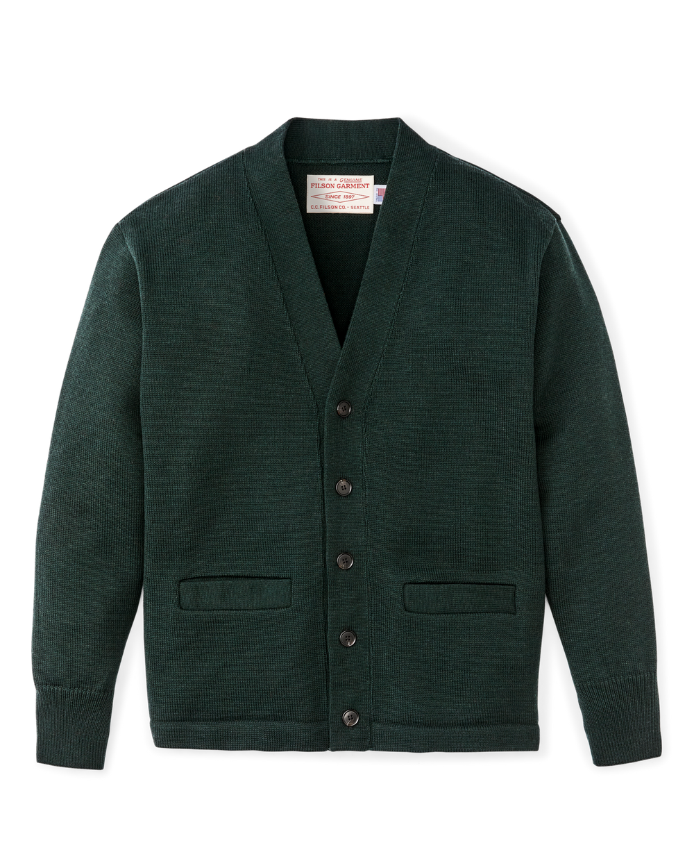 Front-facing image of the Filson Guide Cardigan Sweater - Fir