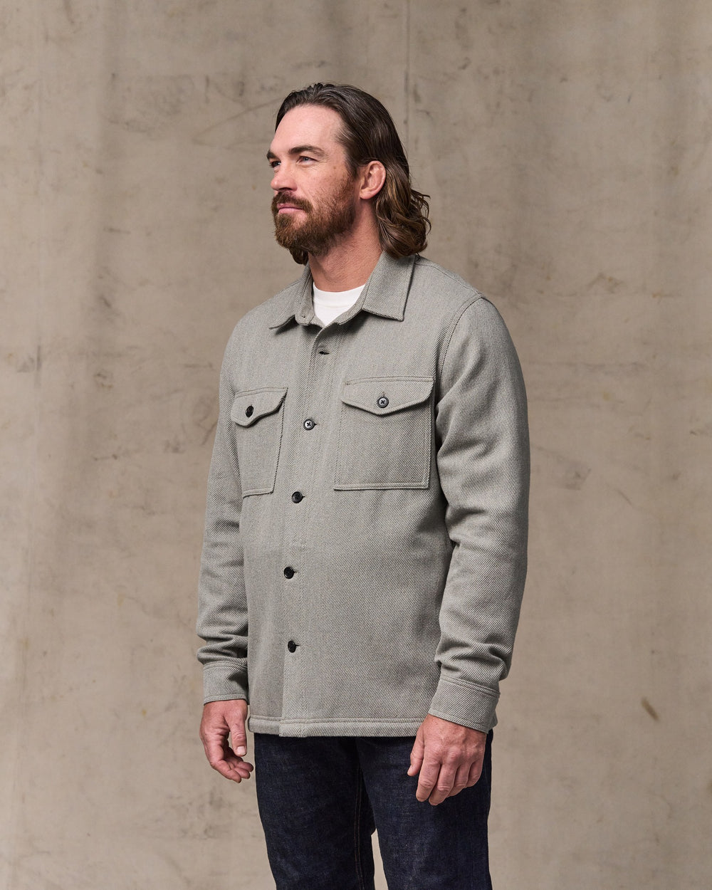 image of a model wearing Filson's Deer Island Jac-shirt - Heather Natural