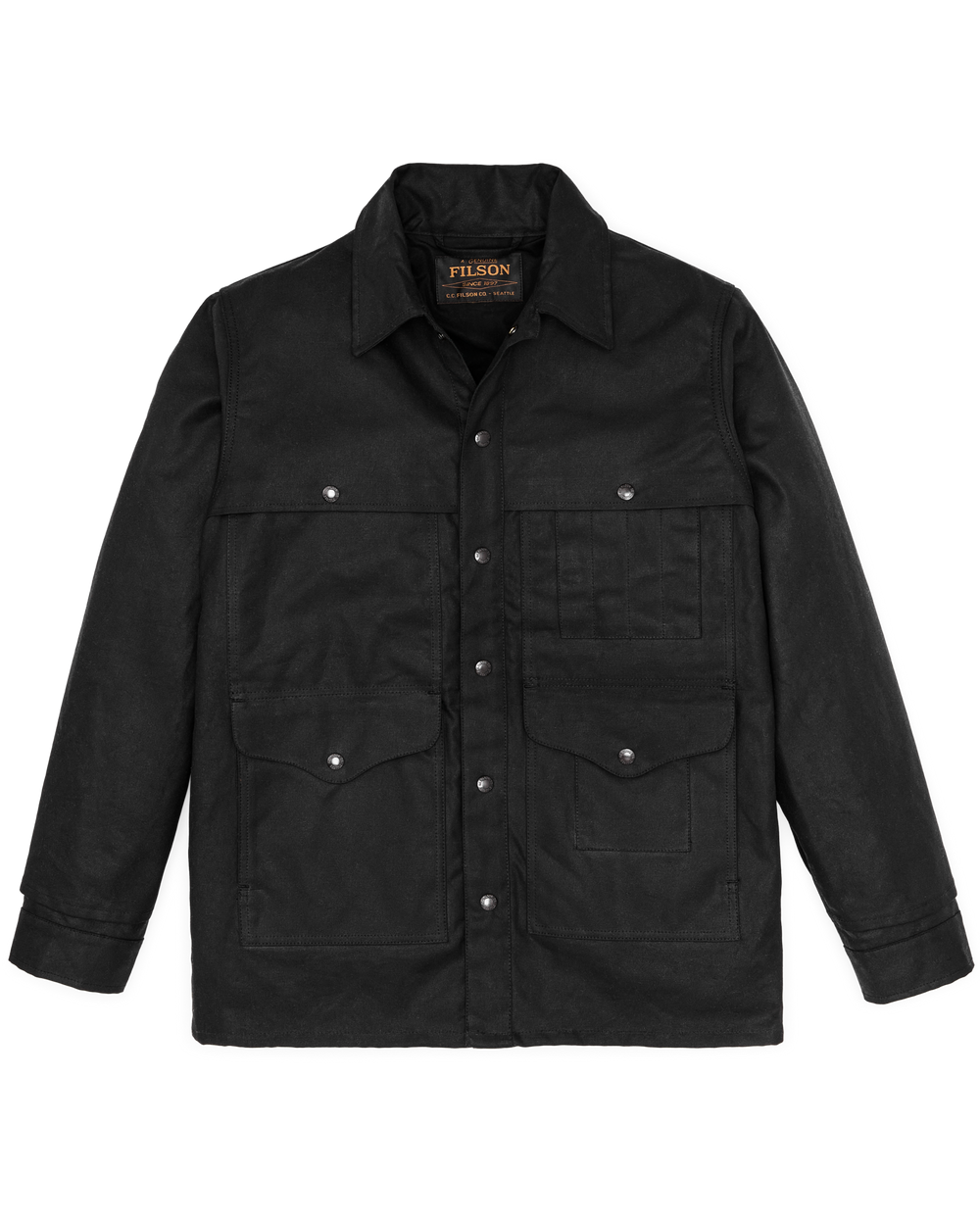 Front-facing image of the Filson Lined Tin Cloth Cruiser Jacket - Black