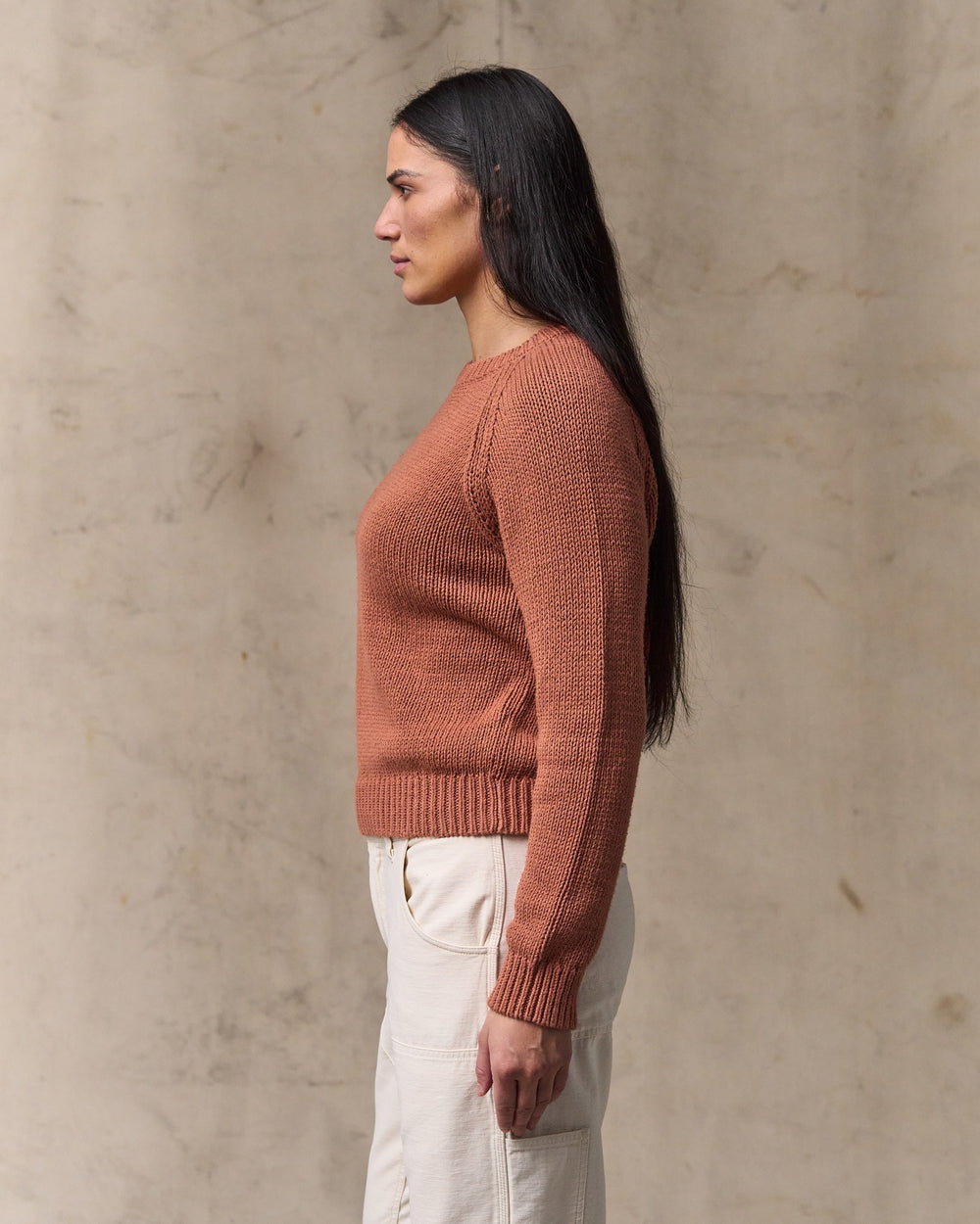 image of a model wearing Filson's Women's Cotton Crewneck Sweater - Copper Brown