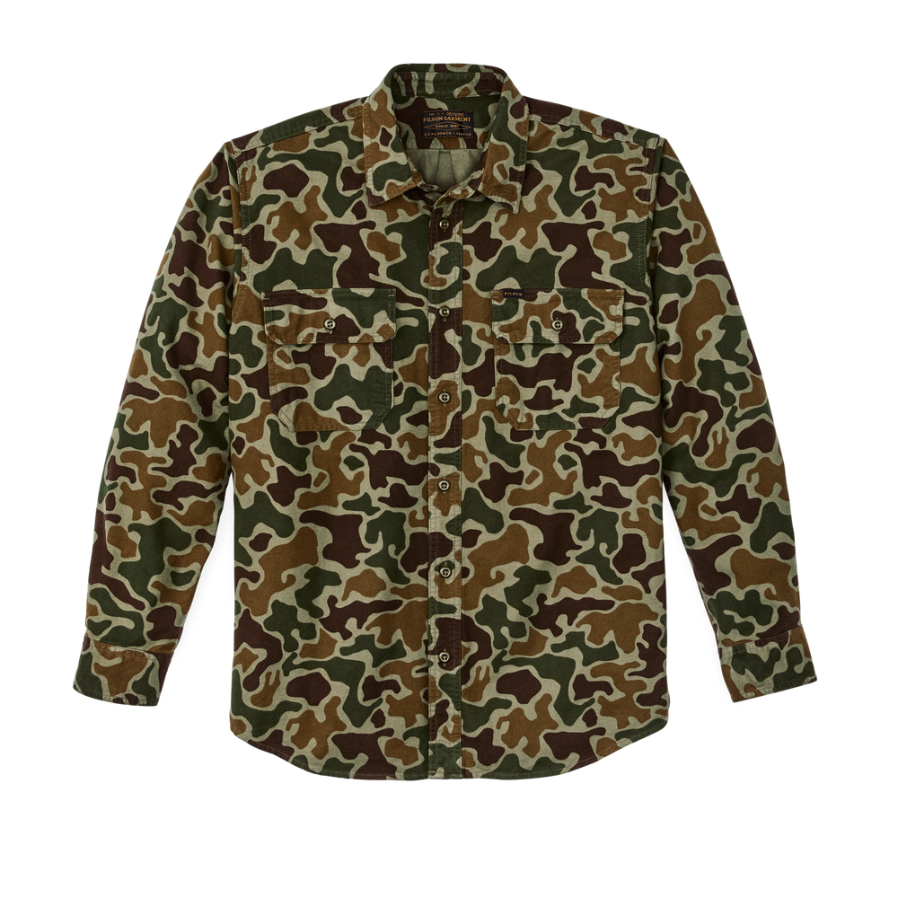 Front-facing image of the Filson Field Flannel Shirt - Frog Camo