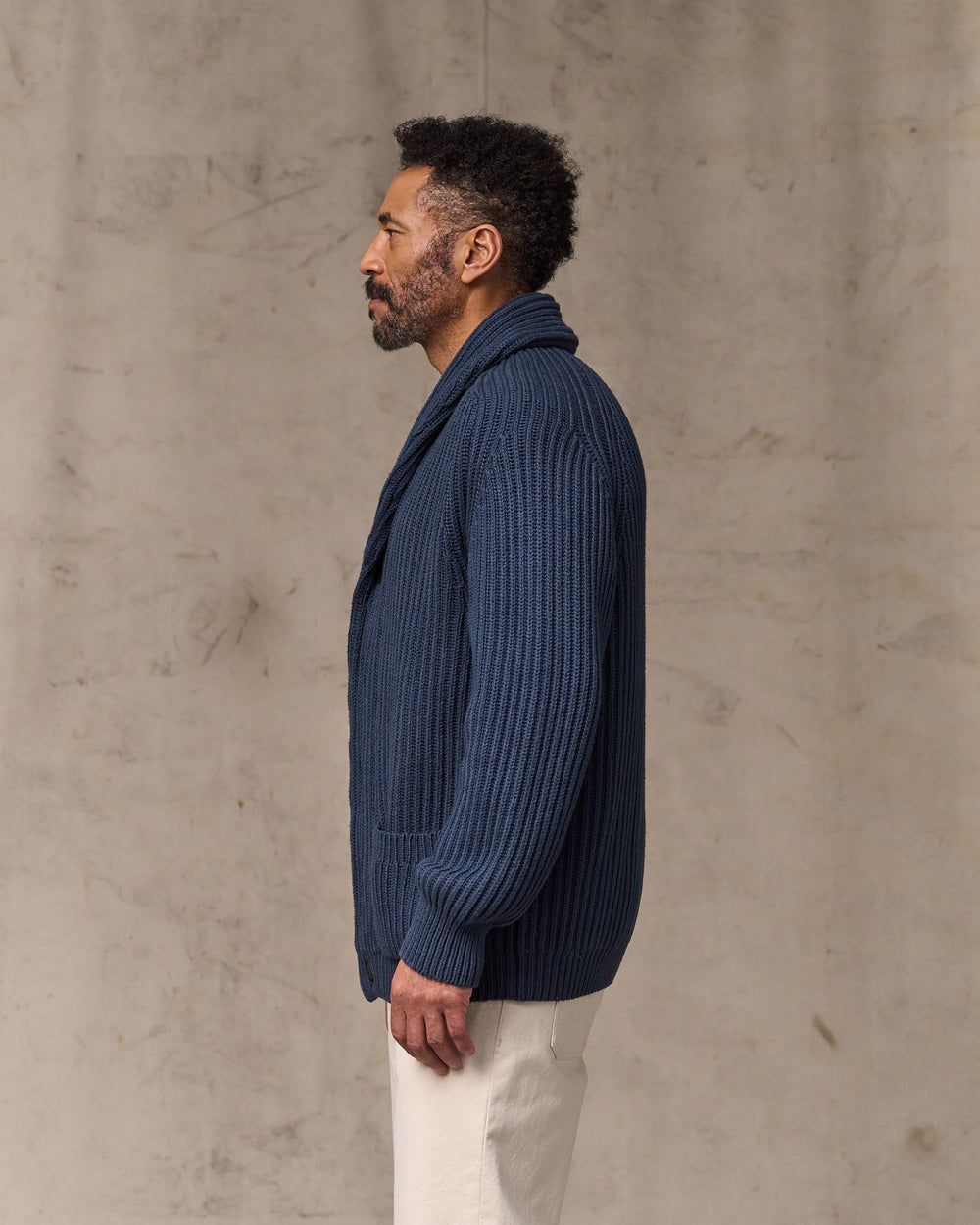 image of a model wearing Filson's Fisherman Rib Cotton Cardigan - Navy