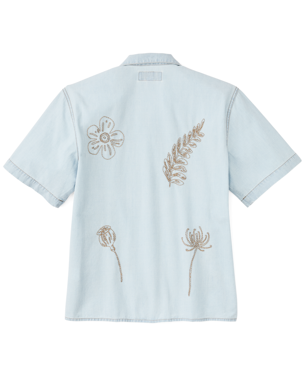 Women's Short Sleeve Embroidered Camp Shirt - Light Indigo Chambray