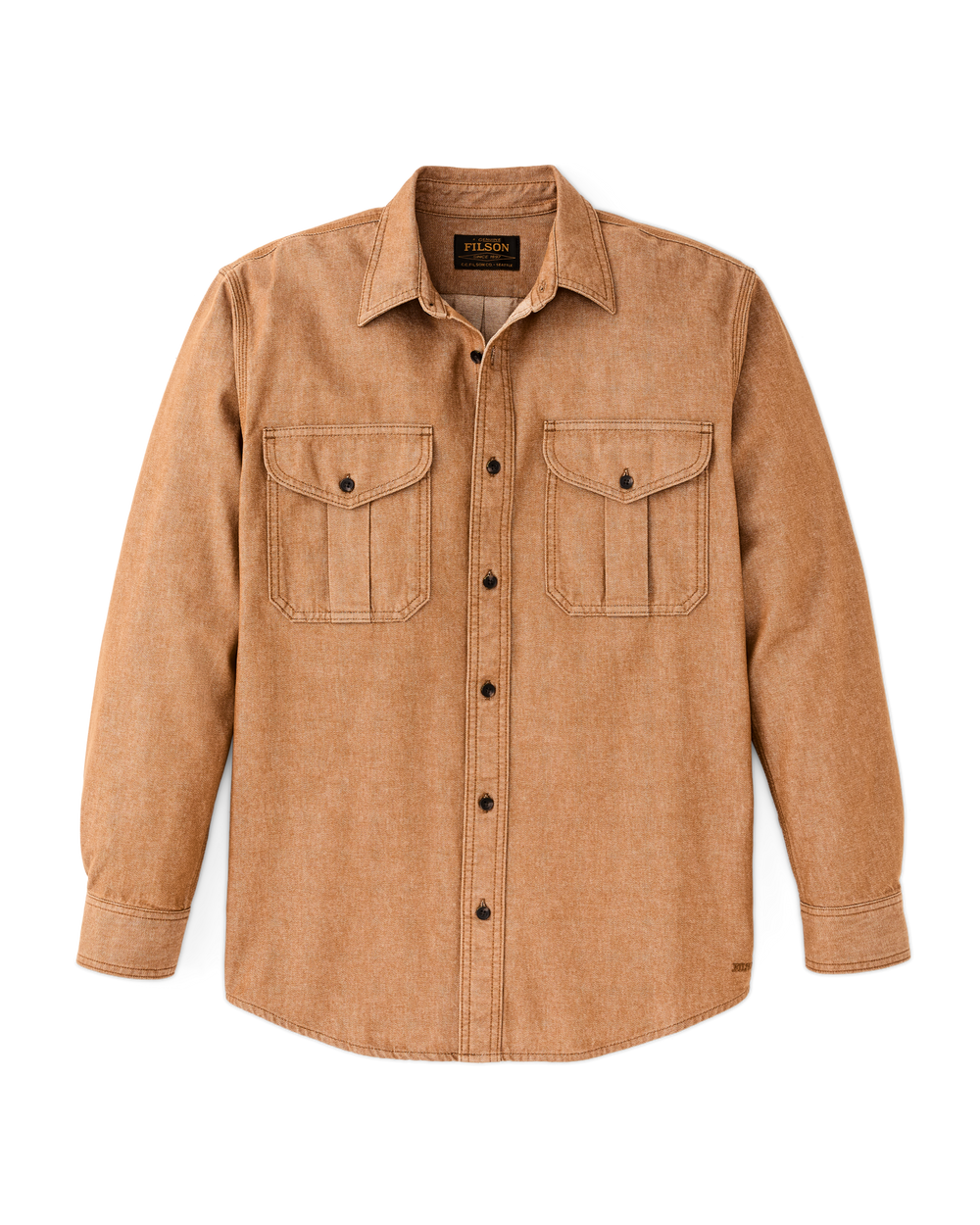 Front-facing image of the Filson Denim Guide Shirt - Harvest Tan