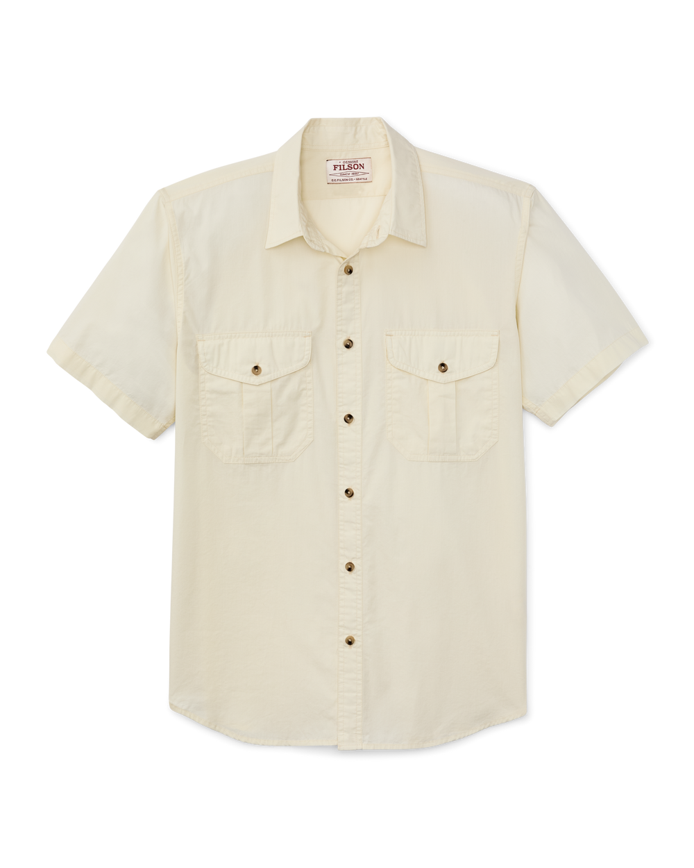 Front-facing image of the Filson Filson's Washed Short Sleeve Feather Cloth Shirt - Ivory