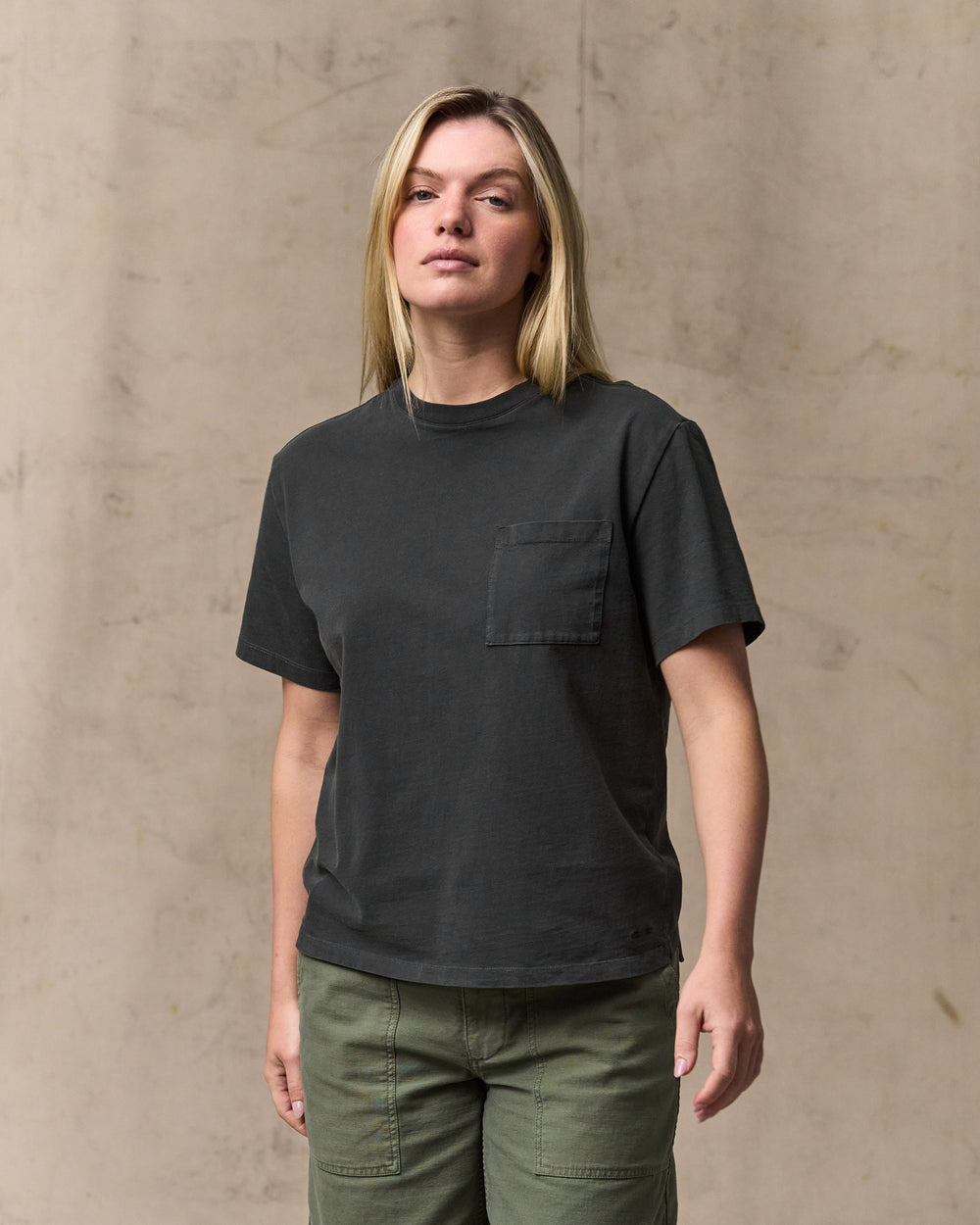 image of a model wearing Filson's Women's Short Sleeve Pocket Tee - Faded Black
