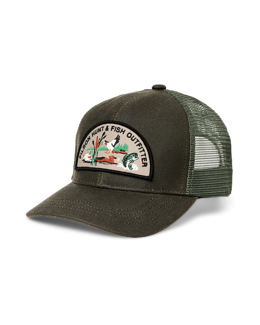 Front-facing image of the Filson Logger Mesh Cap - Otter Green /  Hunt Fish