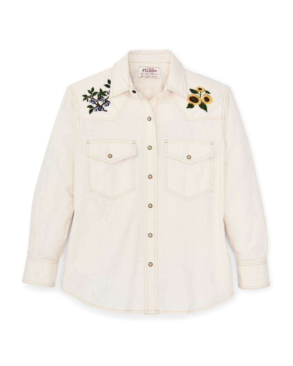 Front-facing image of the Filson Women's Embroidered Western Shirt - Natural Seed