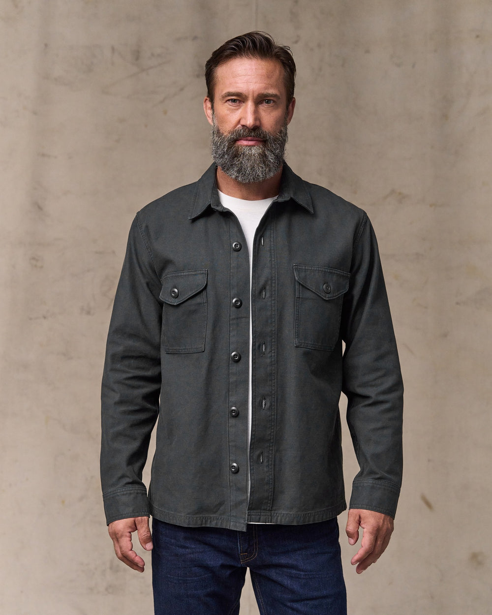 image of a model wearing Filson's Field Jac-shirt - Washed Faded Black