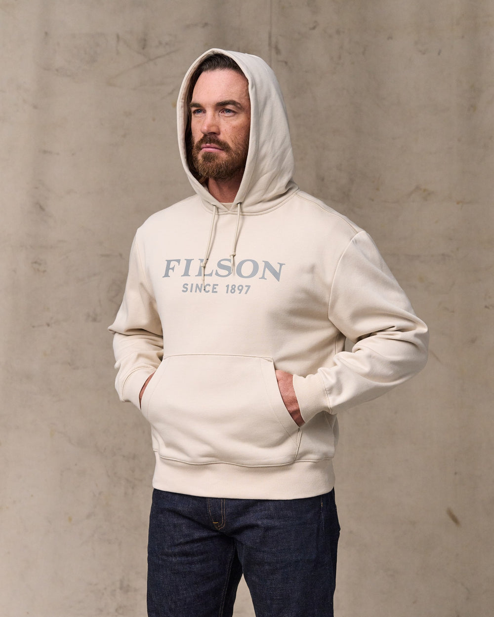image of a model wearing Filson's Filson Graphic Hoodie - Oatmeal