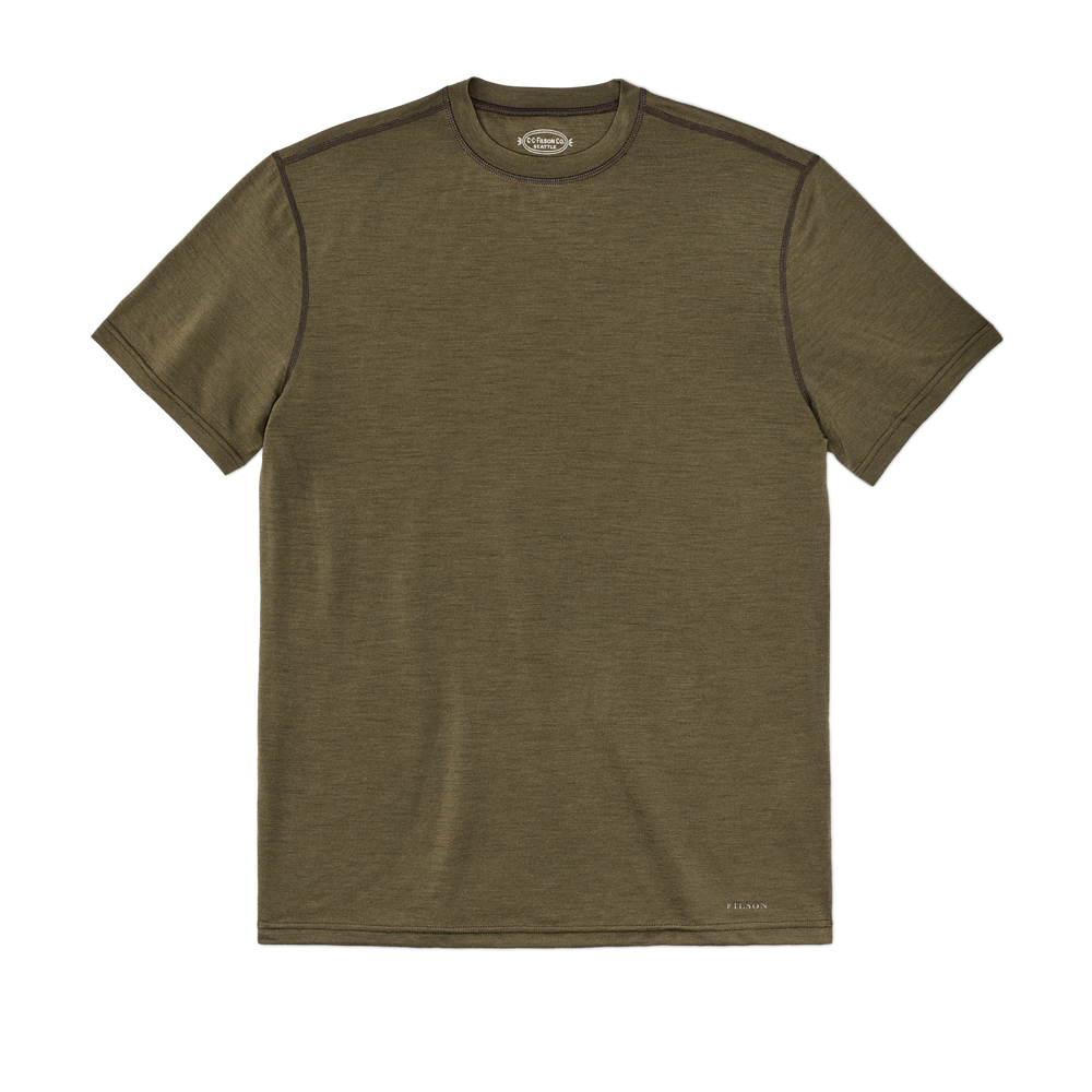 Front-facing image of the Filson 210g Merino Wool Short Sleeve Crewneck - Dark Olive