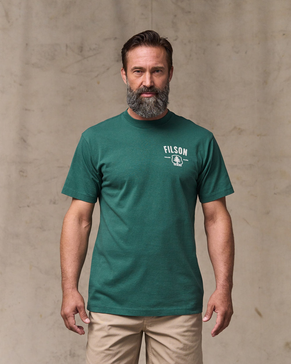 image of a model wearing Filson's Forestry Graphic T-shirt - Mallard Green