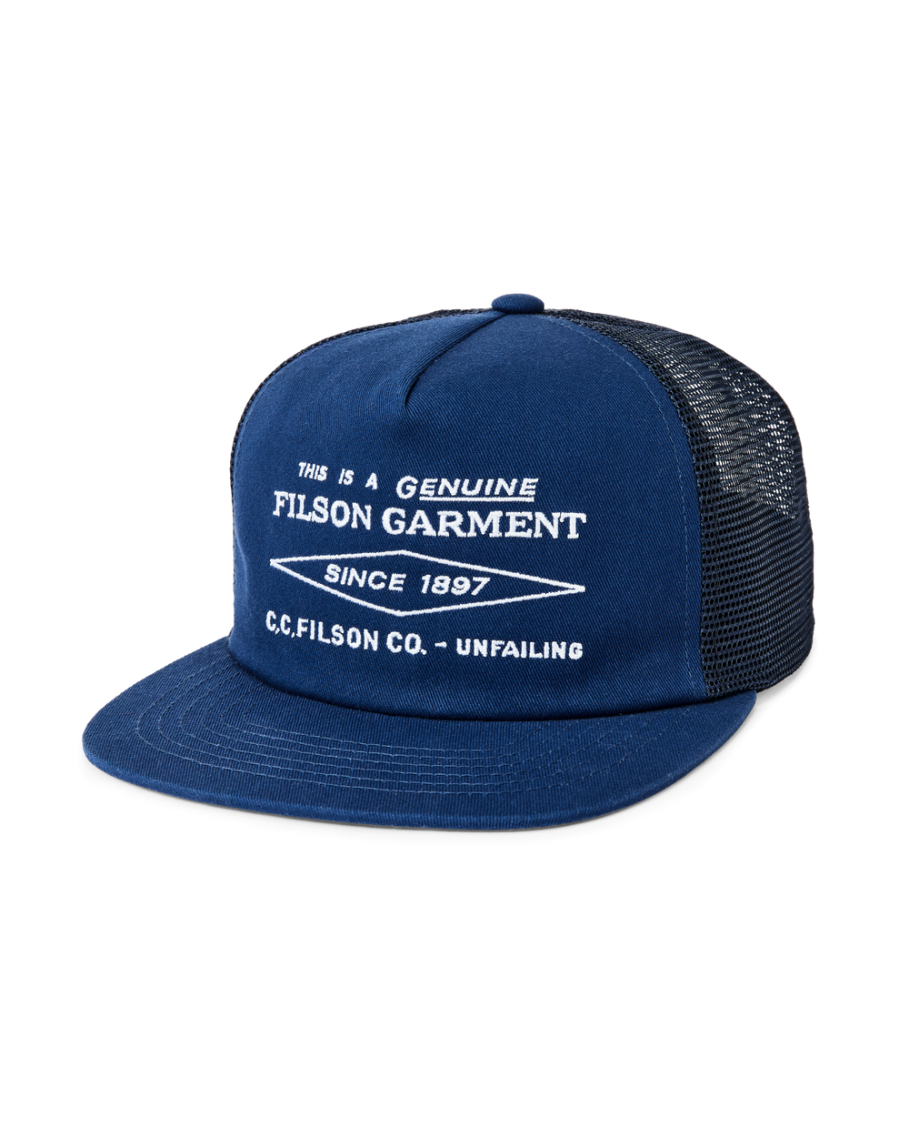 Front-facing image of the Filson Diamond Trucker Mesh Cap - Blue