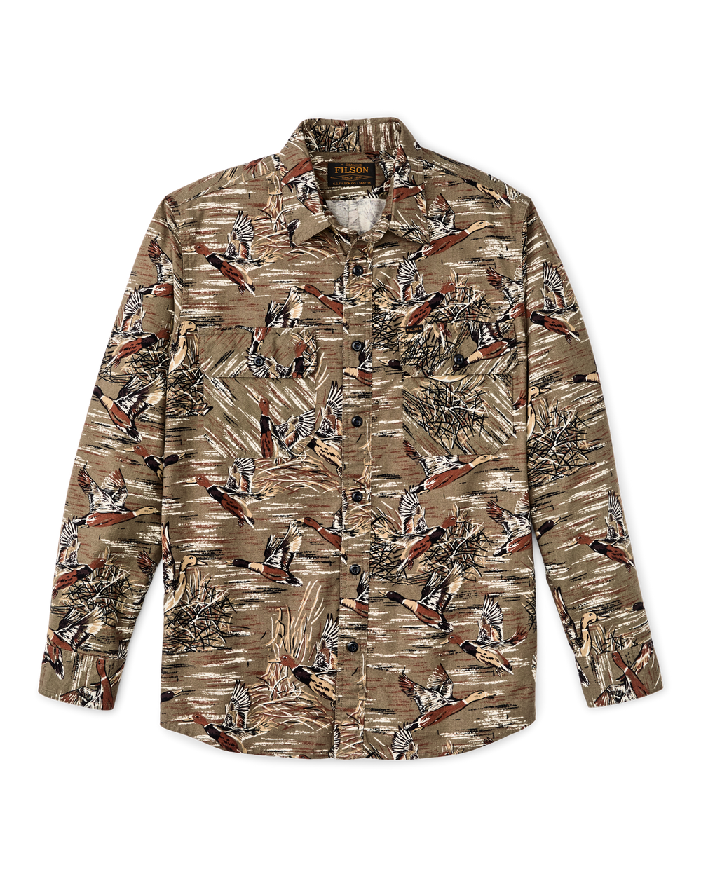 Front-facing image of the Filson Field Flannel Shirt - Brown / Marsh Mallards