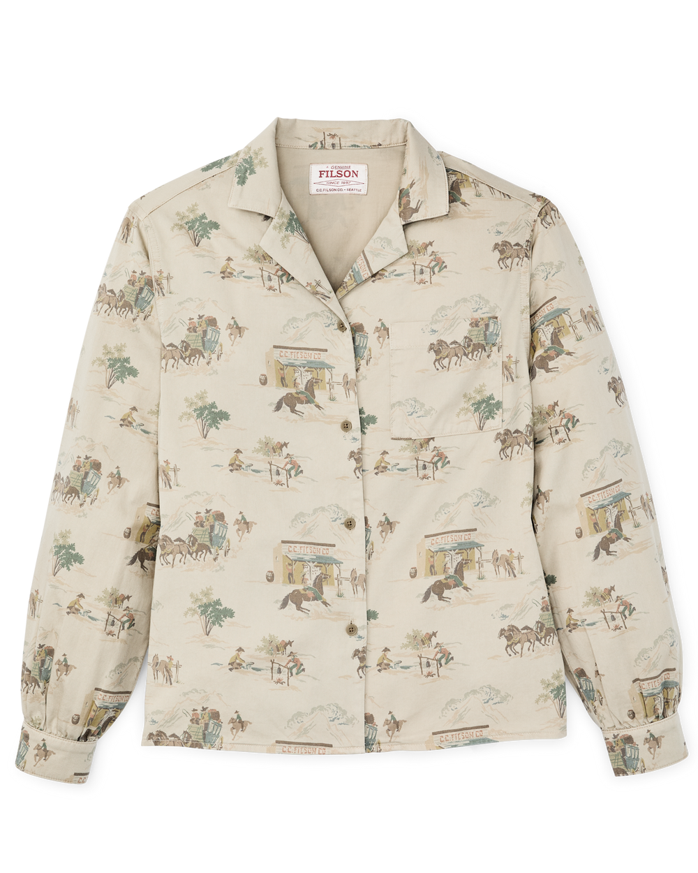 Front-facing image of the Filson Women's Long Sleeve Twill Camp Shirt - Desert Green / Print