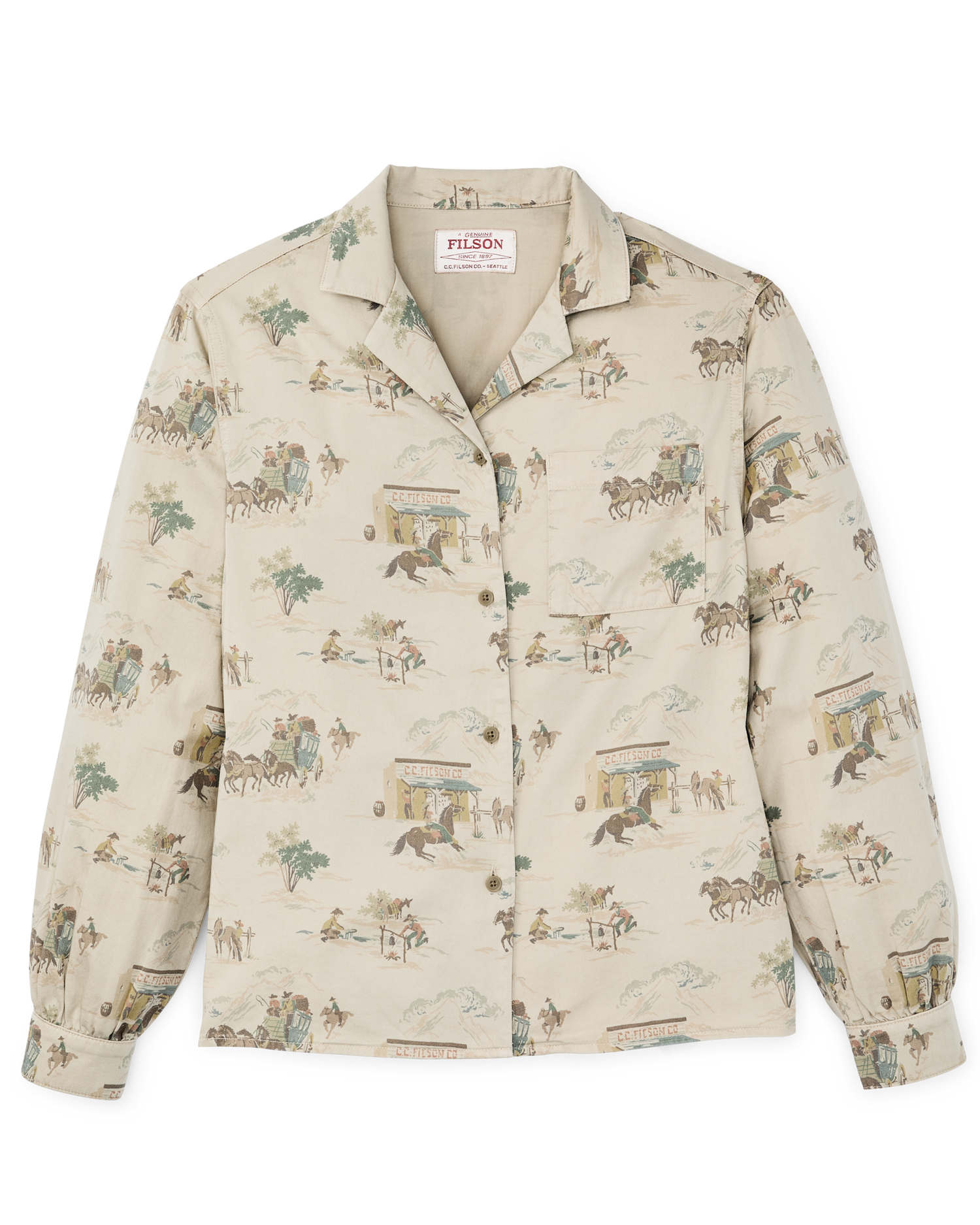 Front-facing image of the Filson Women's Long Sleeve Twill Camp Shirt - Desert Green / Print