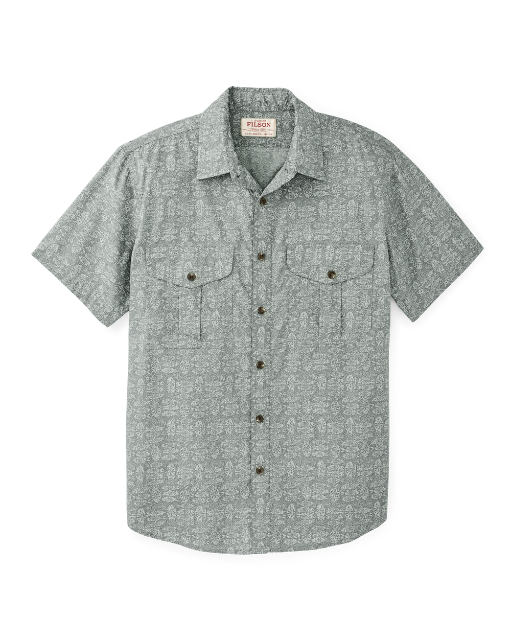 Front-facing image of the Filson Filson's Washed Short Sleeve Feather Cloth Shirt - Khaki / Print
