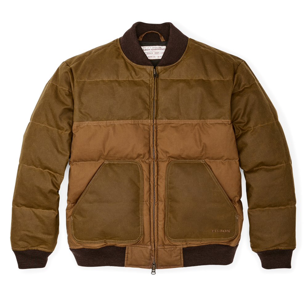 Front-facing image of the Filson Down Bomber Jacket - Dark Tan