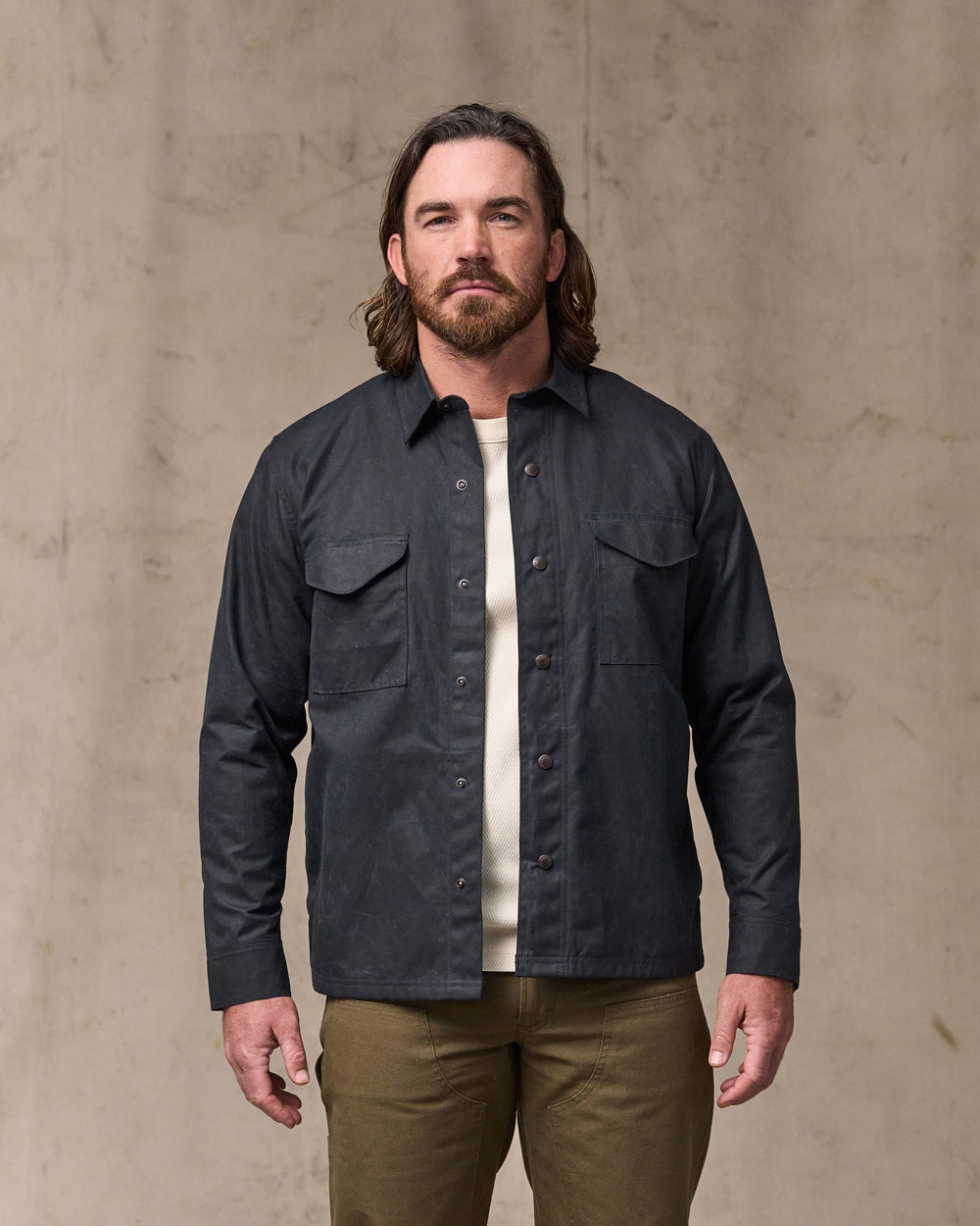 image of a model wearing Filson's Eagle Harbor Jac-shirt - Navy