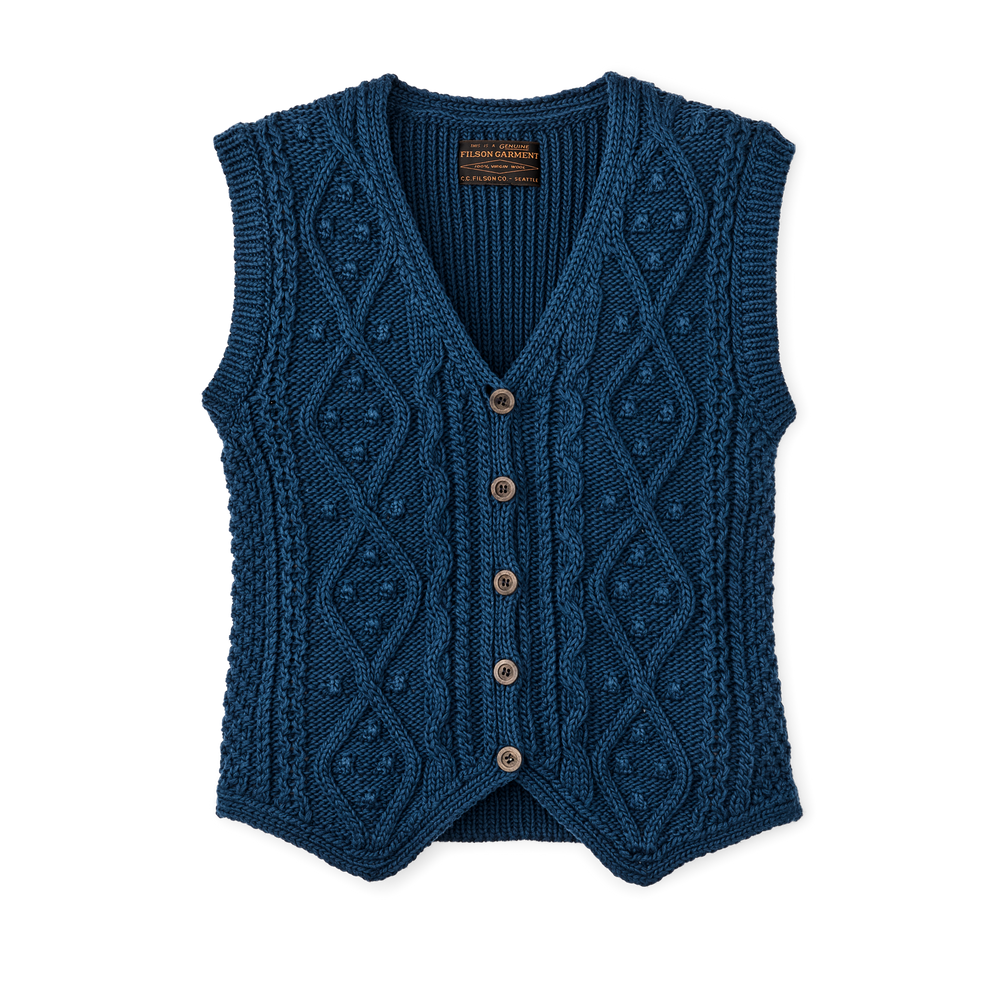 Front-facing image of the Filson Women's Rustic Cable Knit Vest - Deep Blue