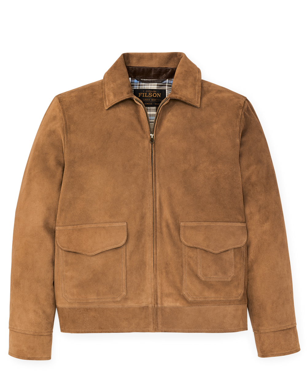 Front-facing image of the Filson Leather Hadlock Jacket - Saddle Brown