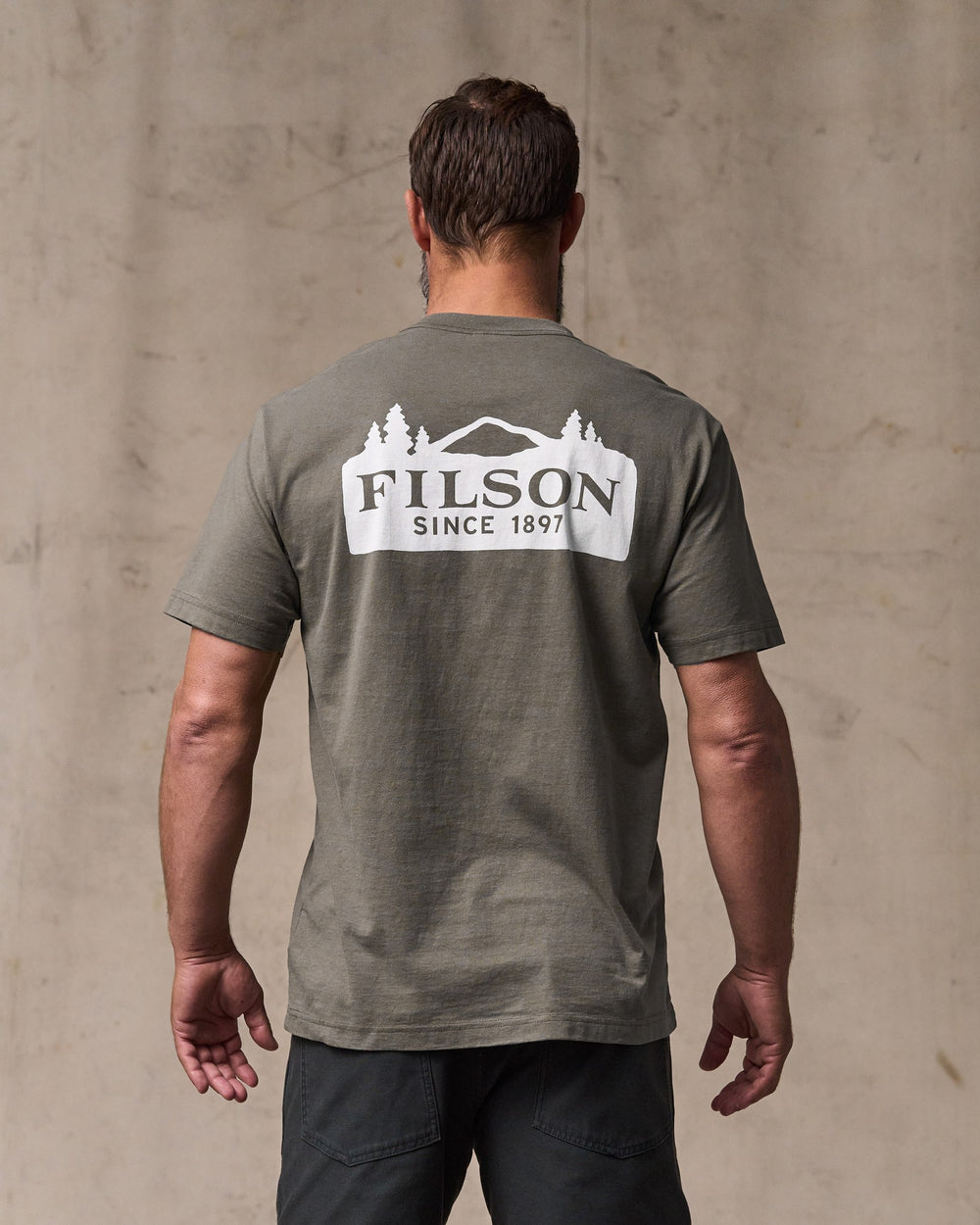 image of a model wearing Filson's Scenic Graphic T-shirt - Hawk Brown