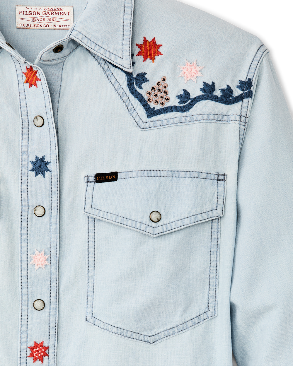 Women's Embroidered Western Shirt - Light Indigo Chambray / Stars