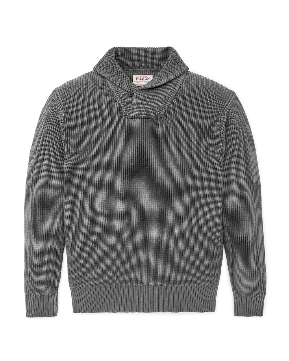 Front-facing image of the Filson Vintage Cotton Shawl Neck Sweater - Charcoal