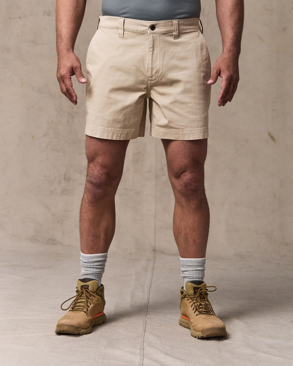 image of a model wearing Filson's Granite Mountain 6" Shorts - Buck Tan