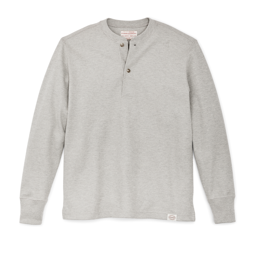 Front-facing image of the Filson Waffle Knit Henley - Light Heather Gray
