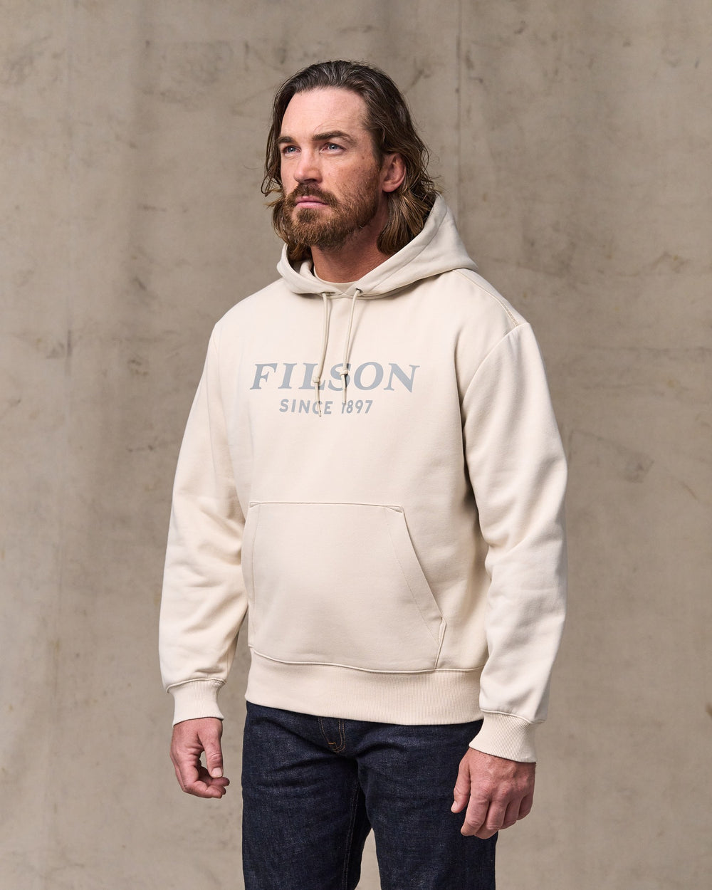 image of a model wearing Filson's Filson Graphic Hoodie - Oatmeal