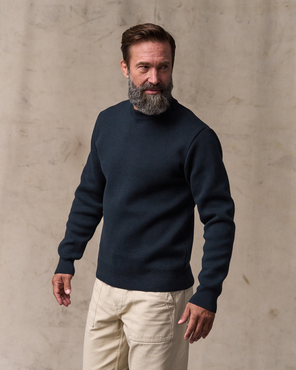 image of a model wearing Filson's Cotton Crewneck Guide Sweater - Dark Navy