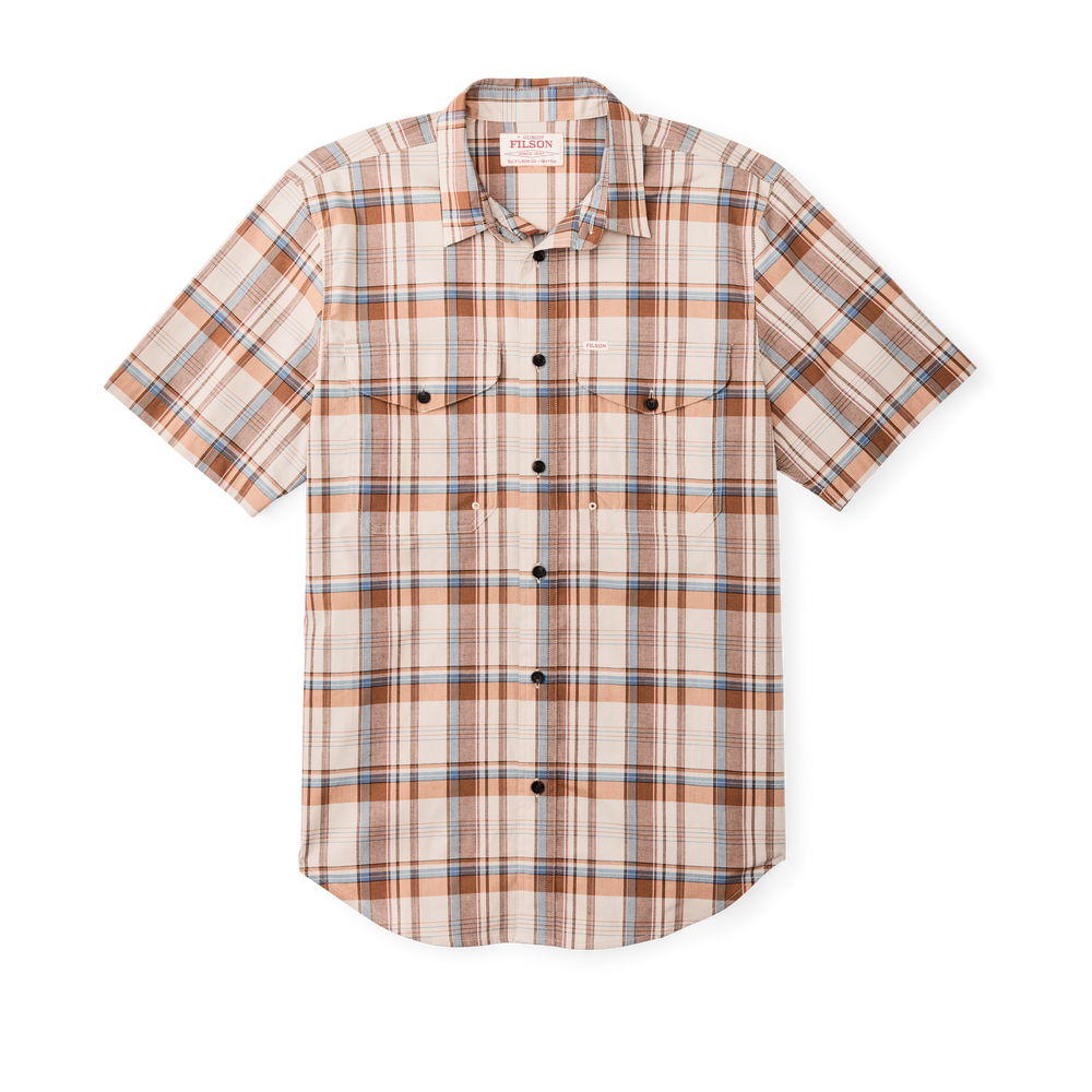 Front-facing image of the Filson Twin Lakes Short Sleeve Sport Shirt - Beige / Rust Plaid