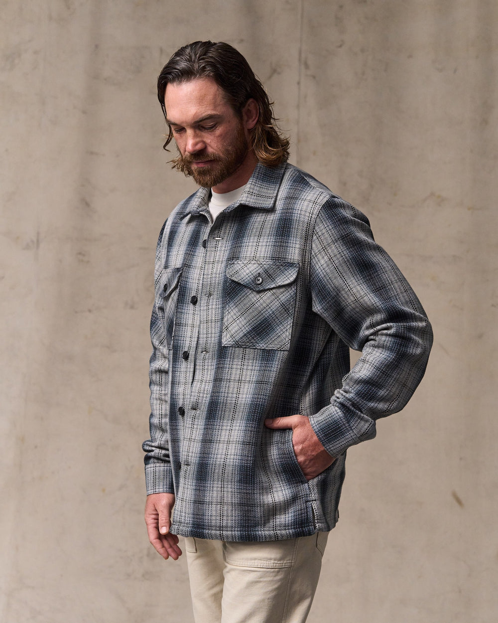 image of a model wearing Filson's Deer Island Jac-shirt - Slate / Gray Ombre