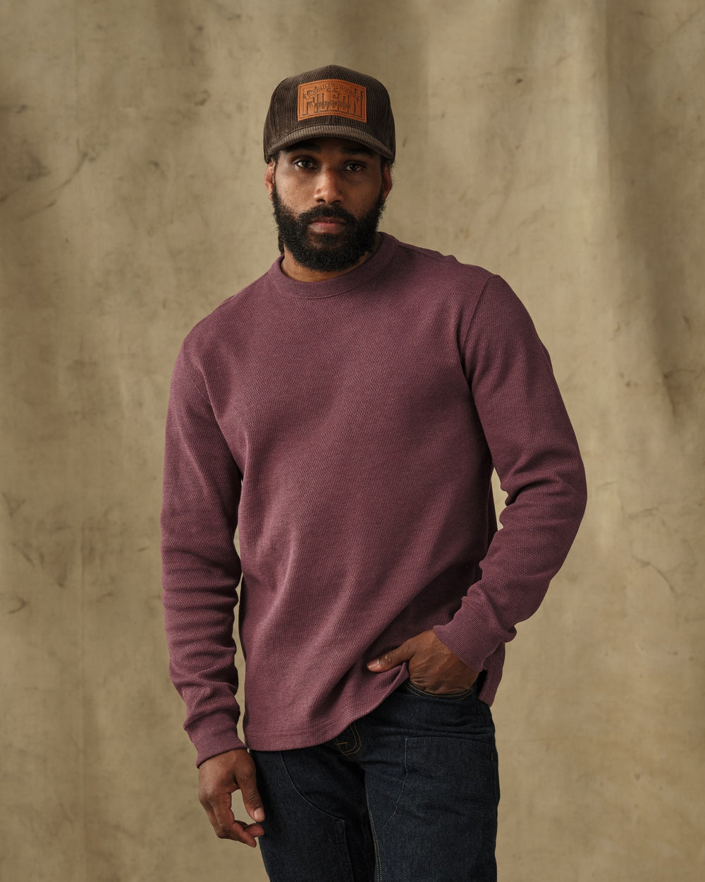 image of a model wearing Filson's Waffle Knit Thermal Crewneck - Dark Port Heather