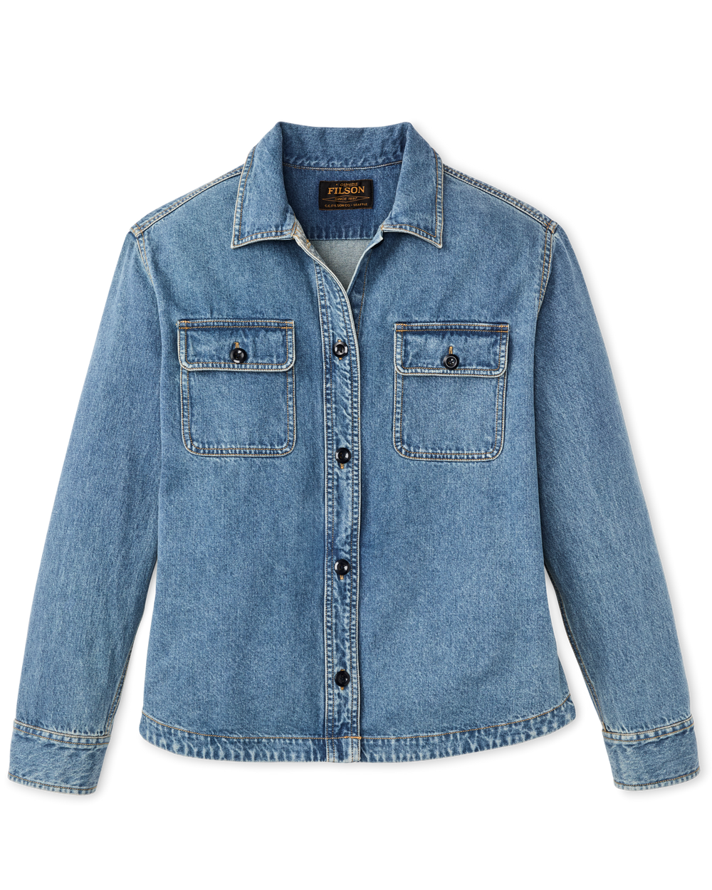 Front-facing image of the Filson Women's Embroidered Denim Shirt - Vintage Indigo