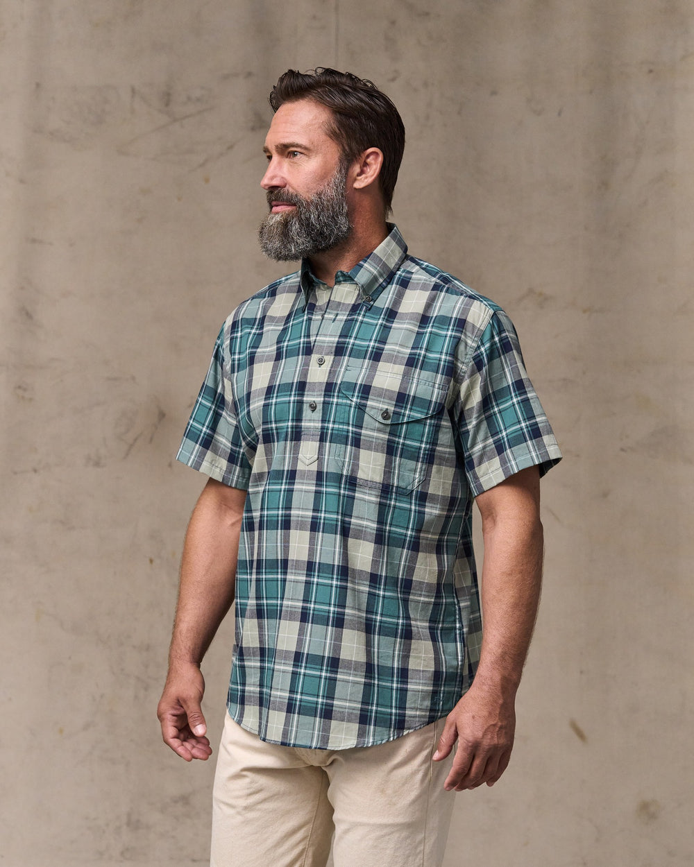 Short Sleeve Madras Popover Shirt - Gray / Teal Multicolor