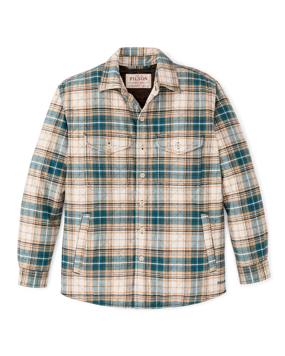 Front-facing image of the Filson Insulated Flannel Jac-shirt - Teal / Khaki Plaid