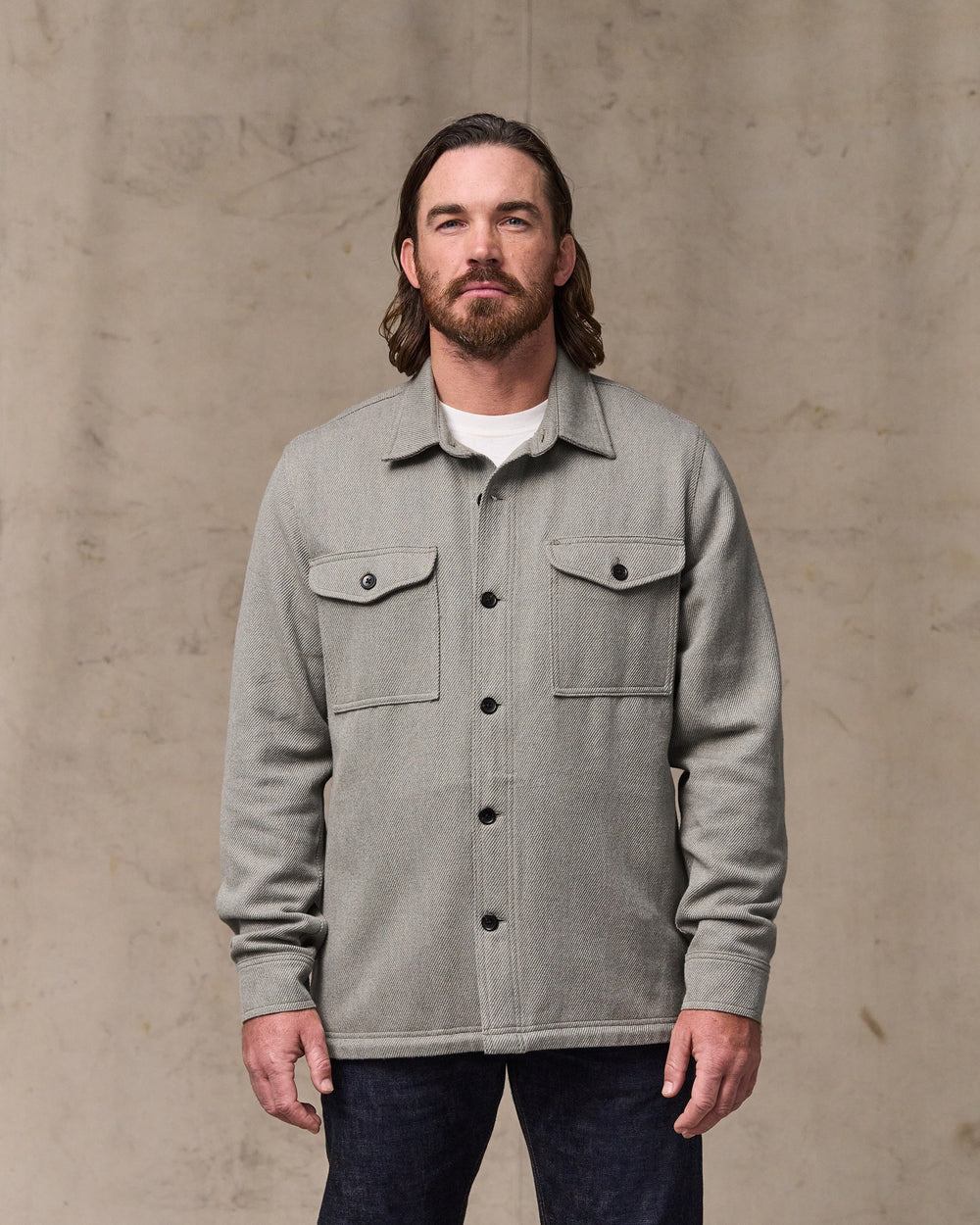 image of a model wearing Filson's Deer Island Jac-shirt - Heather Natural