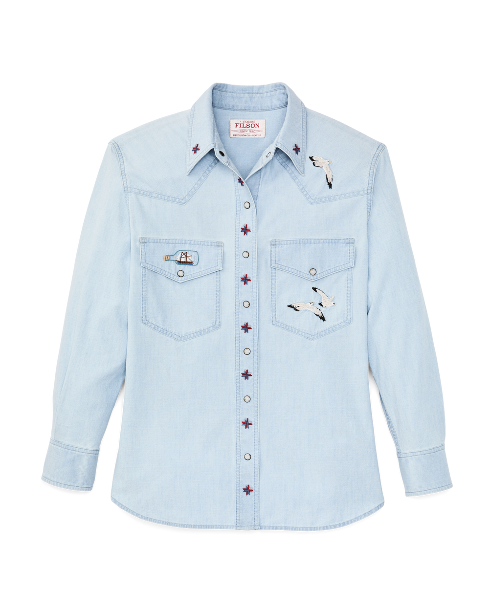 Front-facing image of the Filson Women's Embroidered Western Shirt - Light Indigo