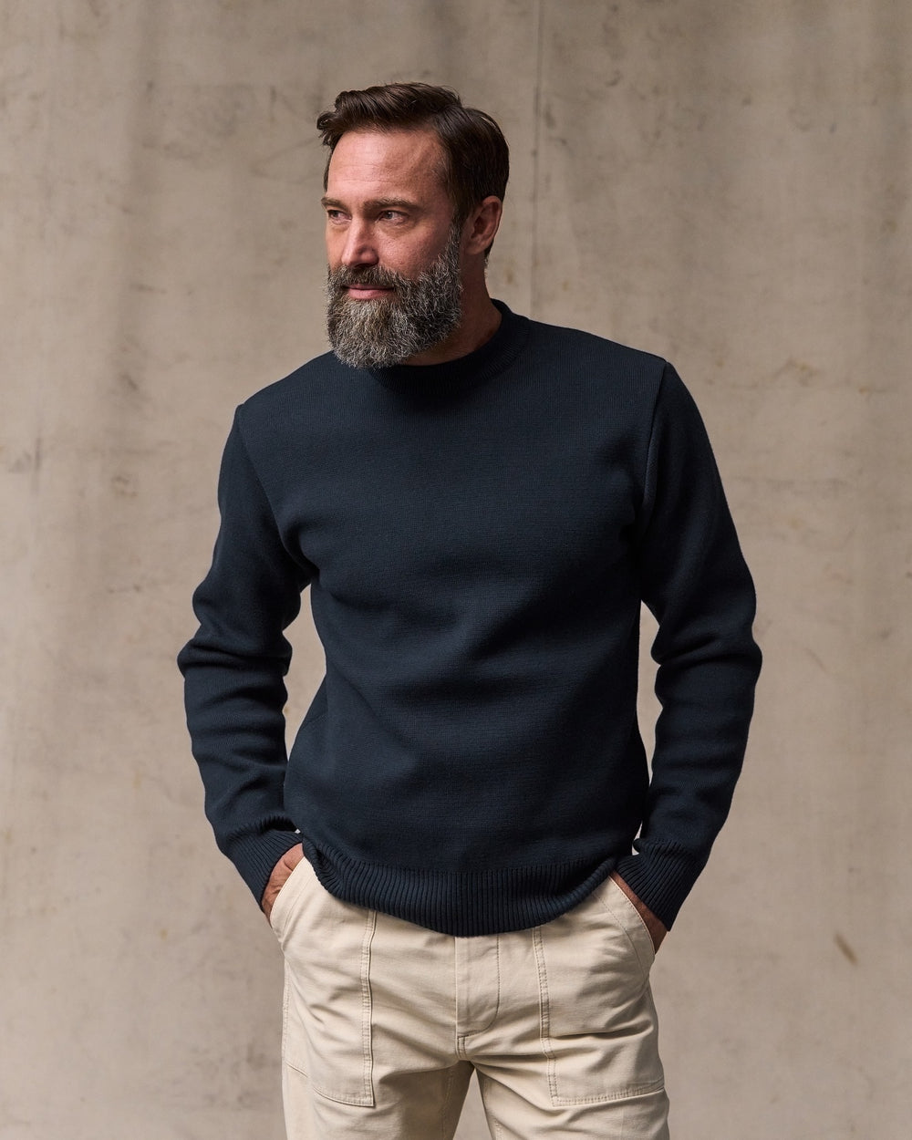 image of a model wearing Filson's Cotton Crewneck Guide Sweater - Dark Navy