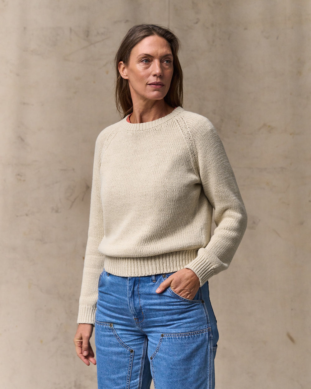 image of a model wearing Filson's Women's Cotton Crewneck Sweater - Natural