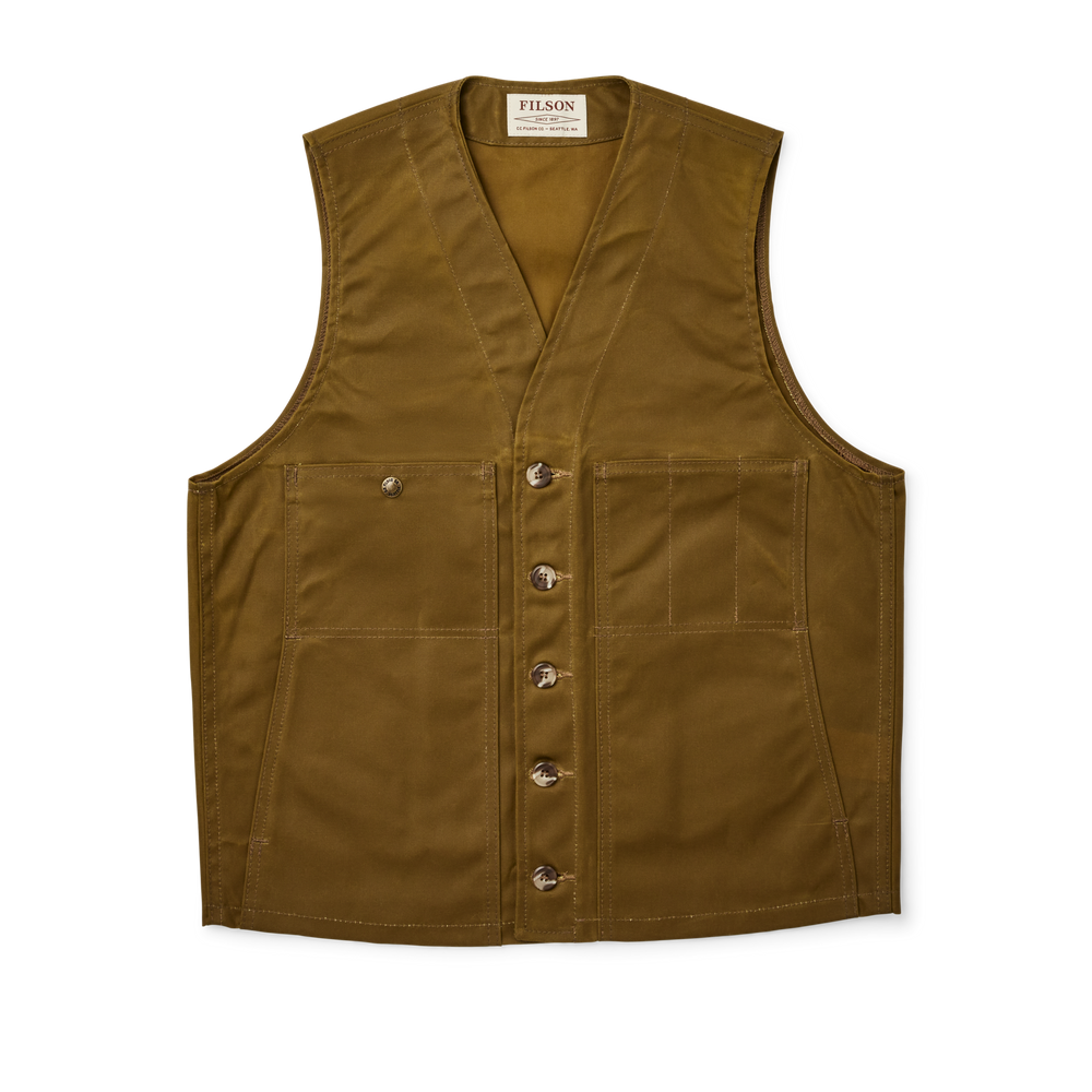 Front-facing image of the Filson Oil Tin Cloth Vest - Dark Tan