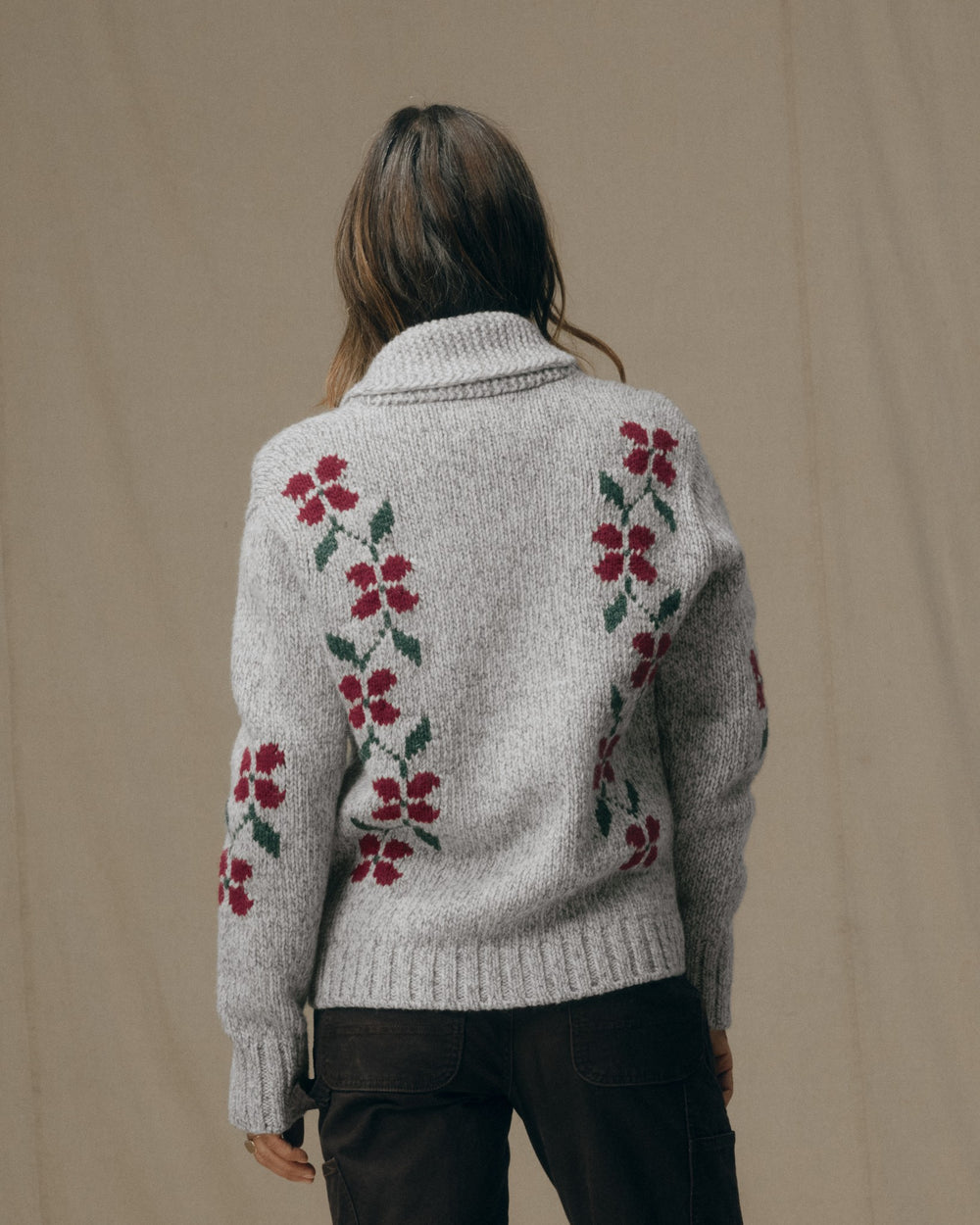Women's Zippered Wool Sweater - Gray / Flower