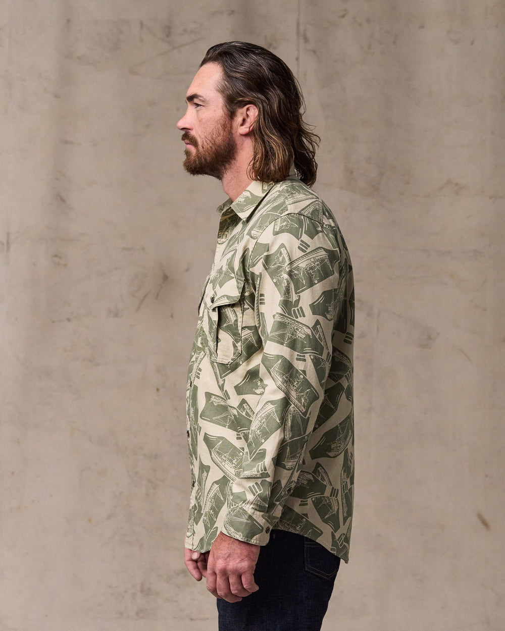 image of a model wearing Filson's Lightweight Alaskan Guide Shirt - Khaki / Print