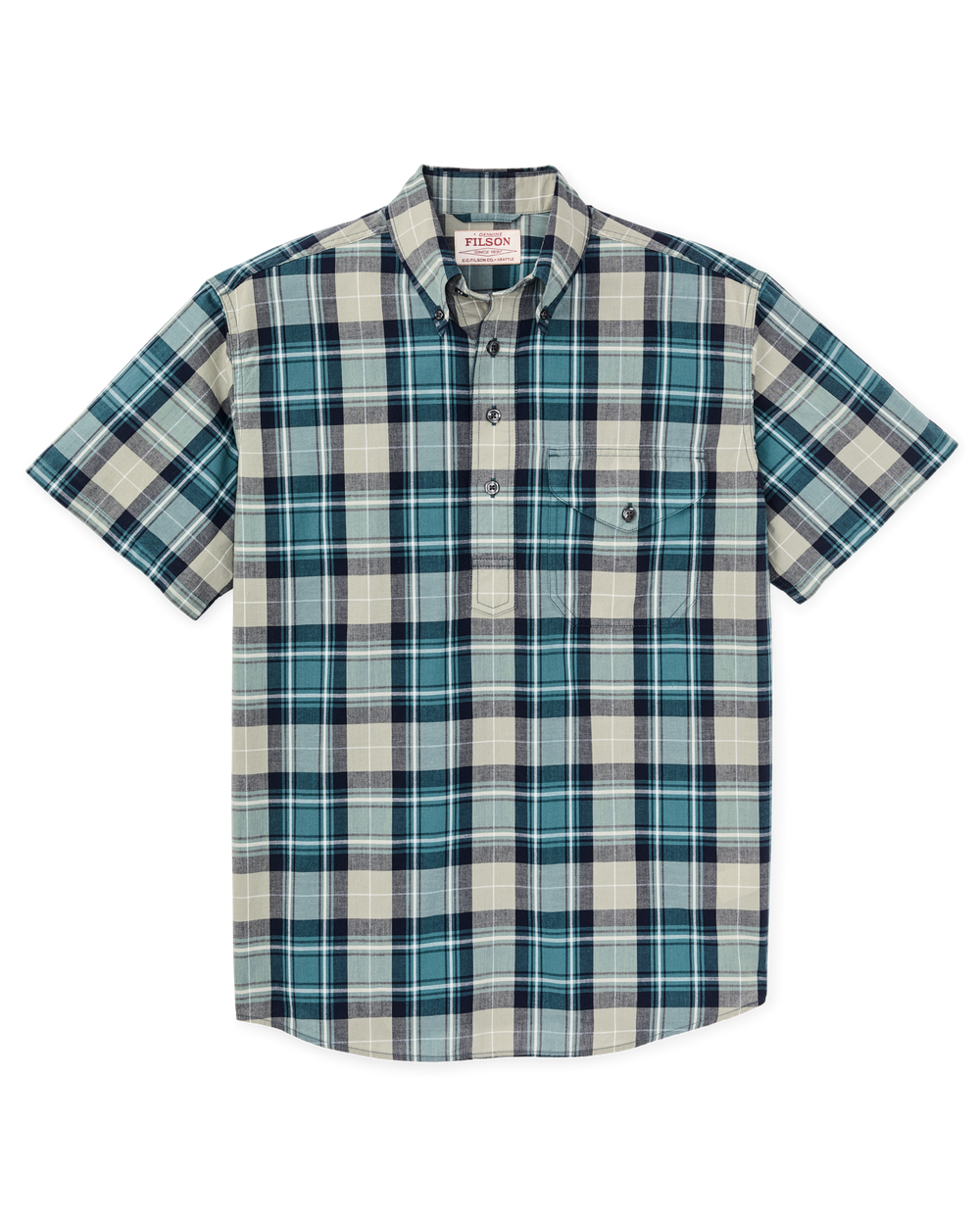 Short Sleeve Madras Popover Shirt - Gray / Teal Multicolor