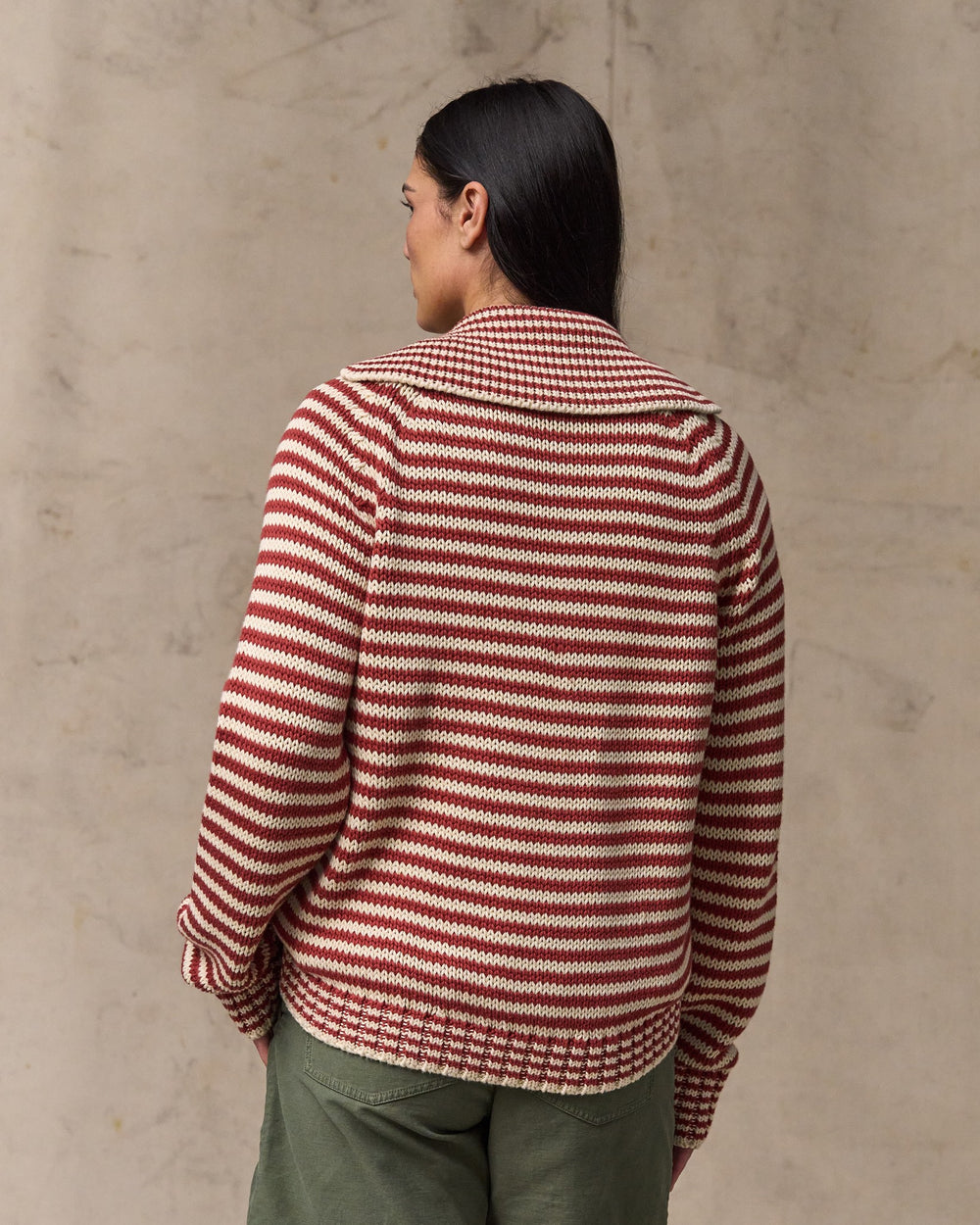 image of a model wearing Filson's Women's Cotton Full-zip Cardigan - Brick / Sand Stripe
